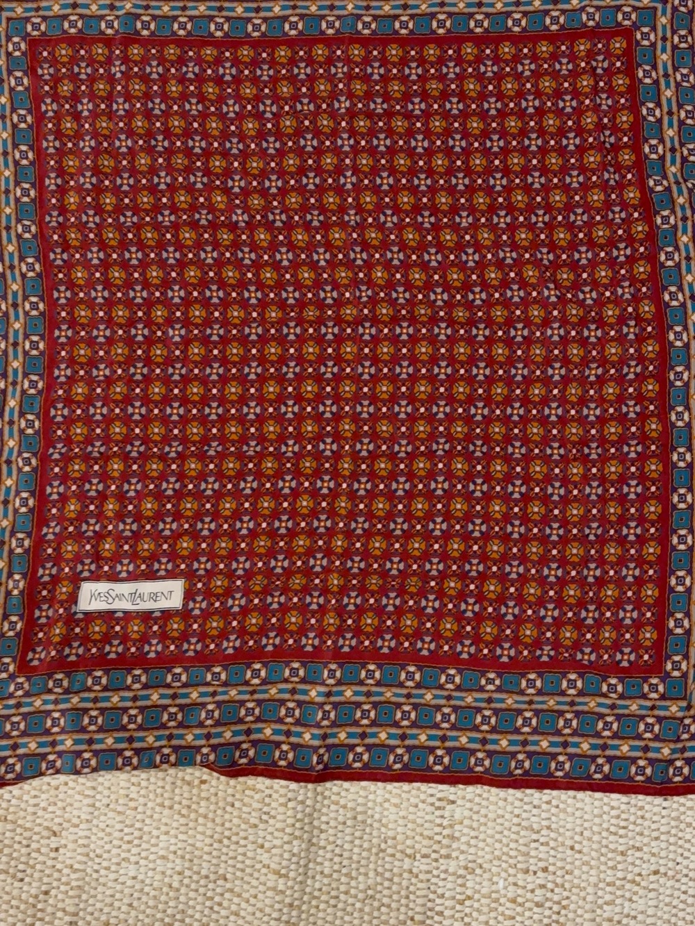 Yves Saint Laurent Red and Blue Geometric Patterned Silk Scarf